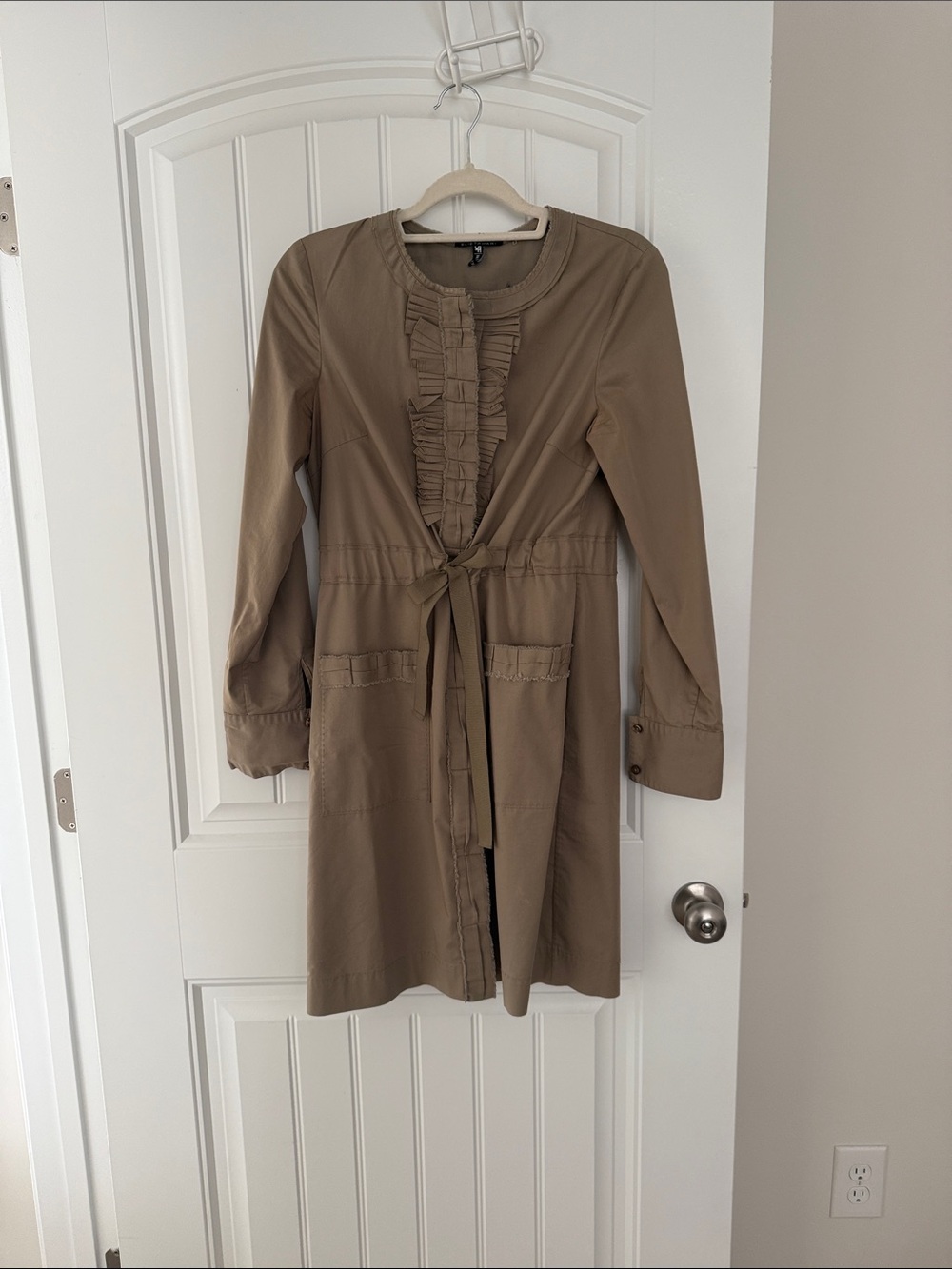 Elie Tahari Taupe Midi Dress with Ruffle Front and Tie Waist